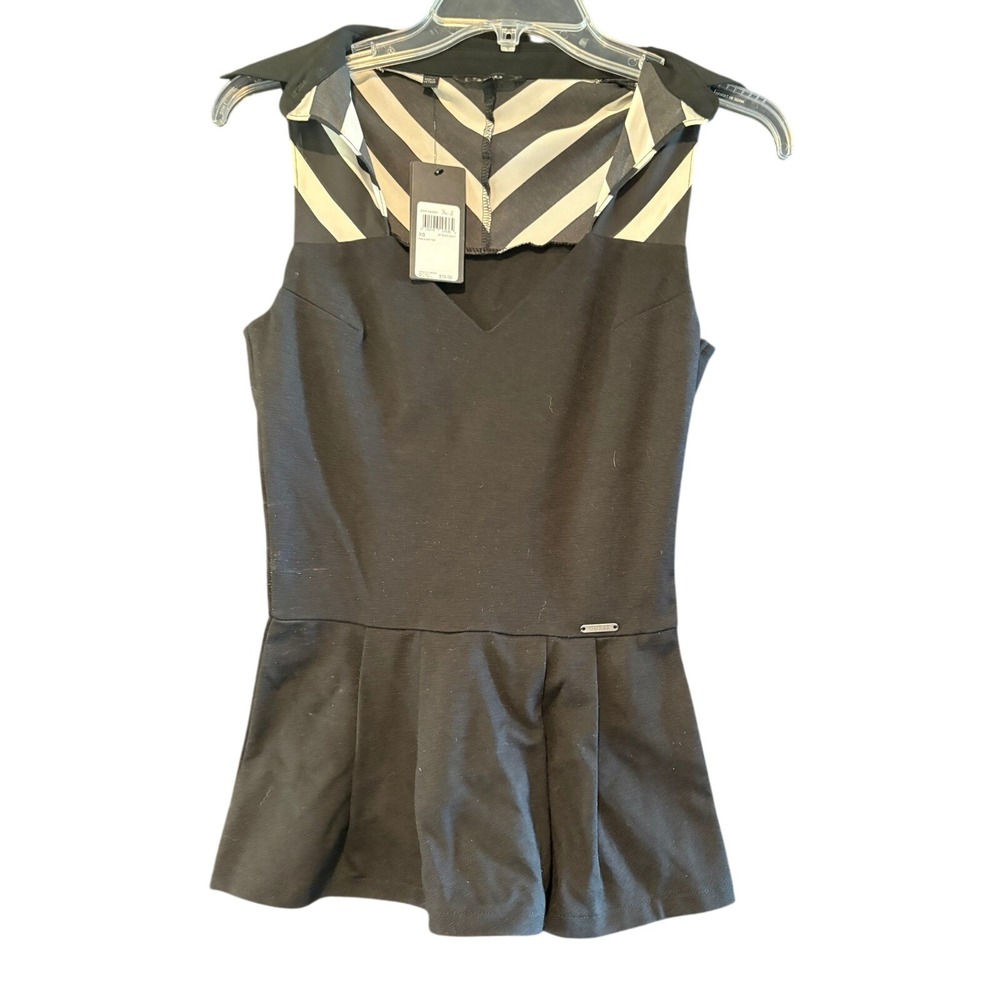 GUESS Peplum Top Womens XS Black White Chevron Sleeveless Knit Blouse NWT